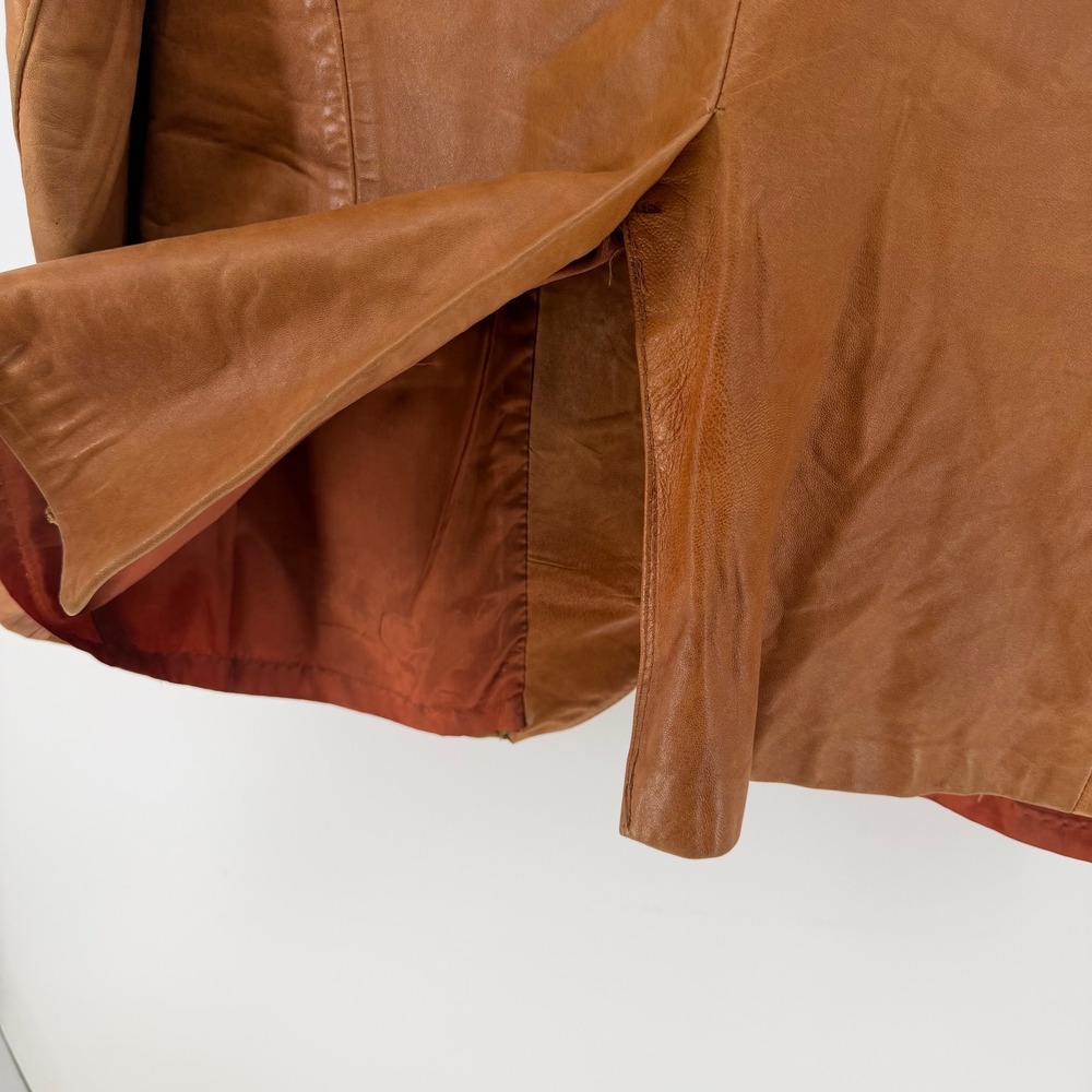Jordache Leather Blazer Women Large Cognac Brown Vintage 70s 80s Jacket FLAW - Picture 4 of 16